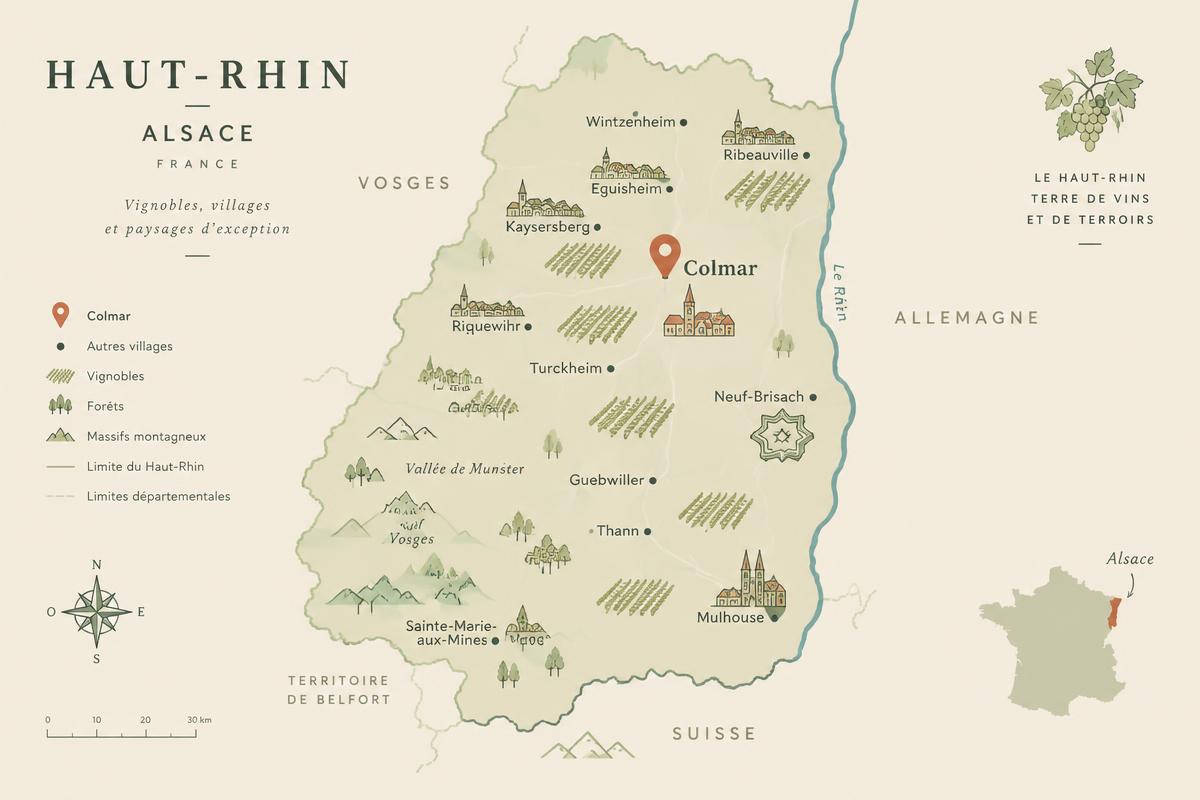 Carte du Haut-Rhin et du Centre-Alsace avec Colmar en évidence